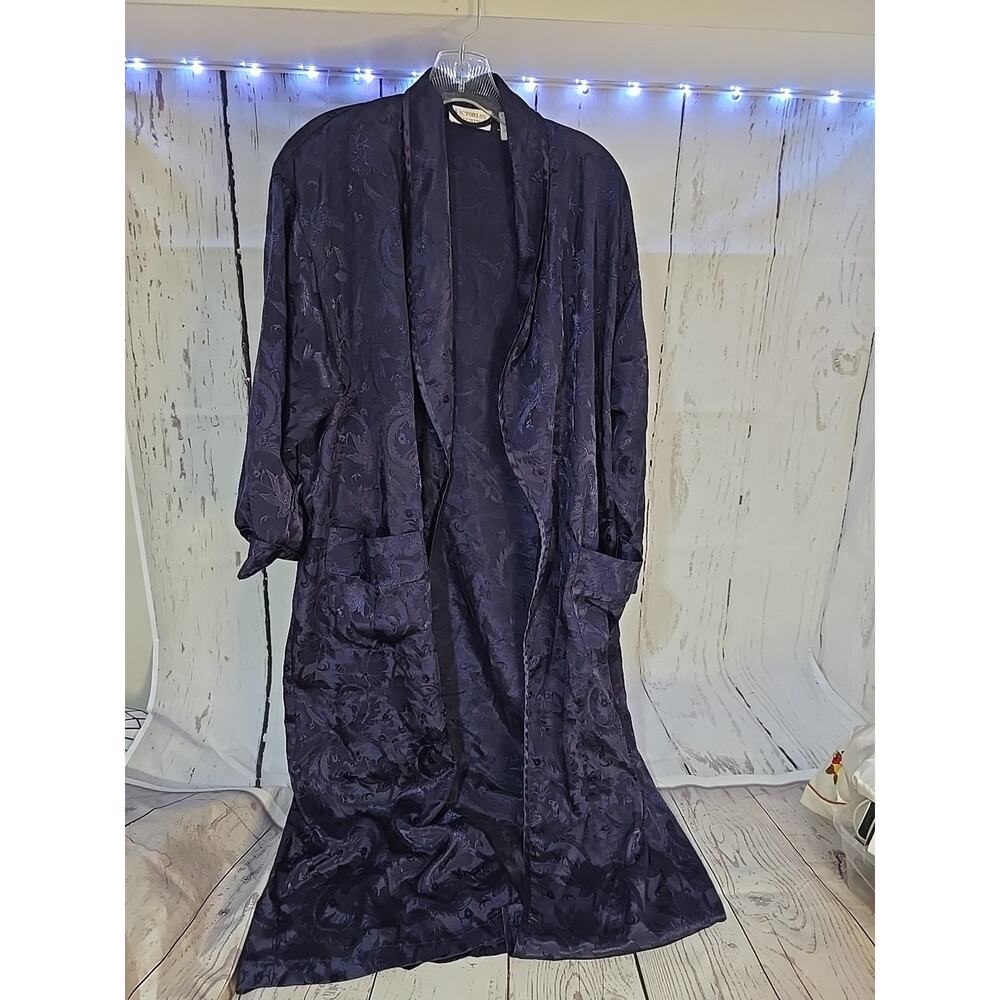 Victoria's Secret Vtg Gold Label‎ Midnight Blue Floral Embossed Satin Robe Sz PS